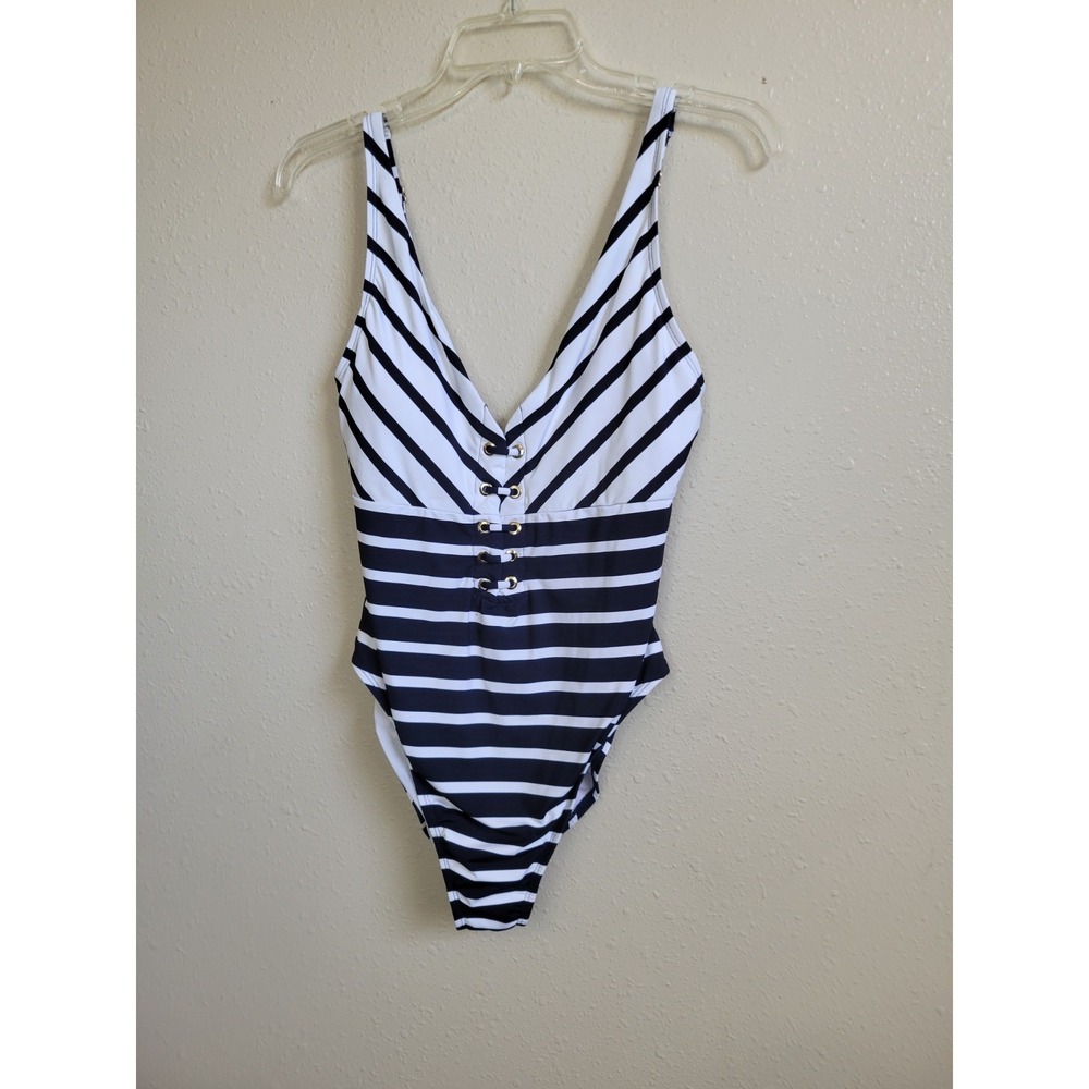 Nautica Slimming Criss-Cross One-Piece Swimsuit Navy White Striped V-Neck Sz L